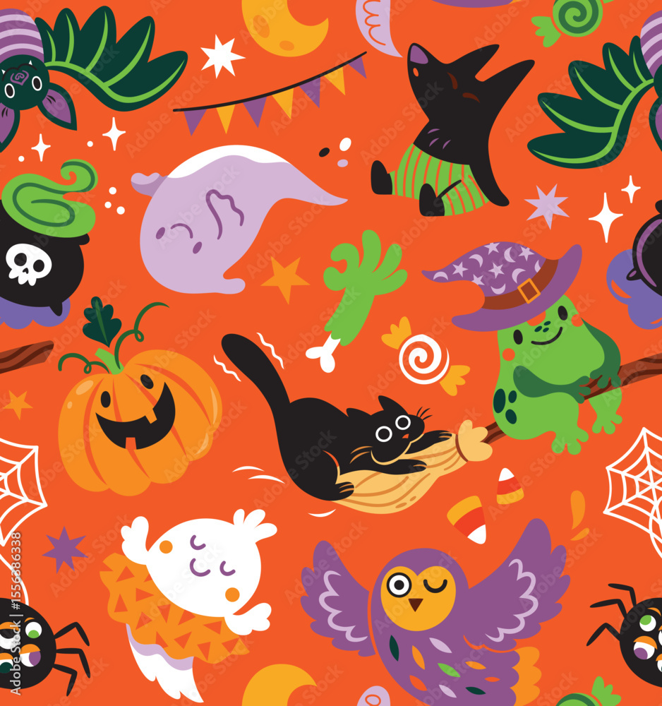 Fototapeta premium Pattern design. Spooky season with cartoon funny characters. Vector illustration