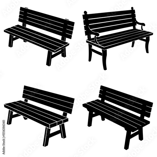 Four black and white benches with different designs and styles in a simple illustration format