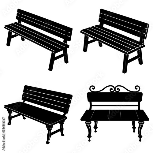 Four different styles of park benches in black silhouette on a white background illustration art