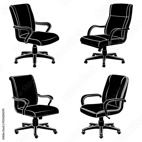 Four black and white office chairs with armrests and wheels in various positions and orientations