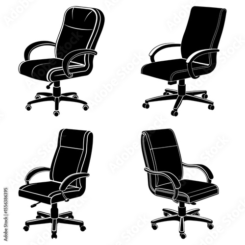 Four black and white office chairs with armrests and rolling bases in a grid pattern arrangement