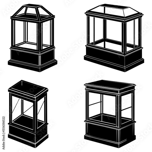Four different styles of black and white display cases with glass panels and varying roof designs are shown