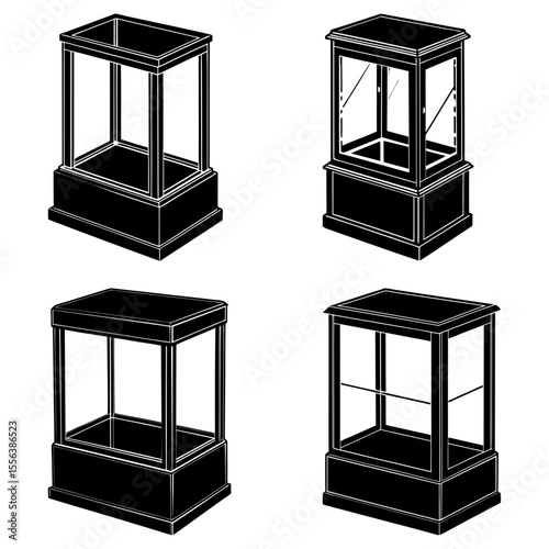 Four display cases with glass panels and dark bases in a black and white illustration style image