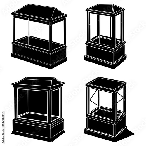 Four black and white illustrations of display cases with varying designs and roof structures shown