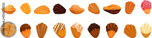 Madeleines icons set. Set of madeleine cookies showcasing different flavors, toppings, and presentations, highlighting the versatility of this classic french pastry