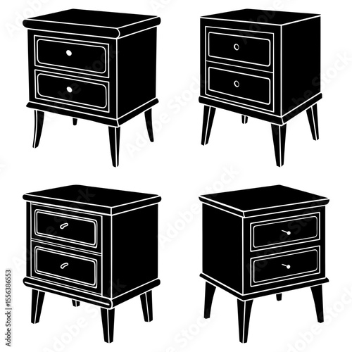 Four black and white illustrations of two drawer nightstands on a white background display