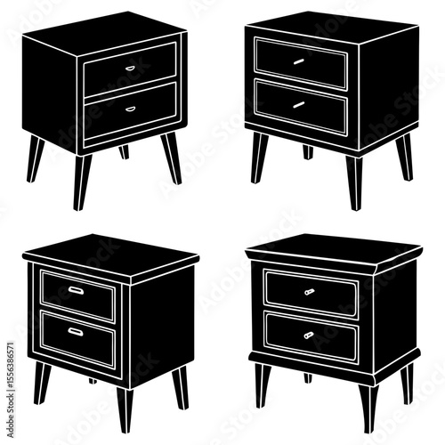 Four black and white illustrations of two drawer bedside tables with various leg styles shown