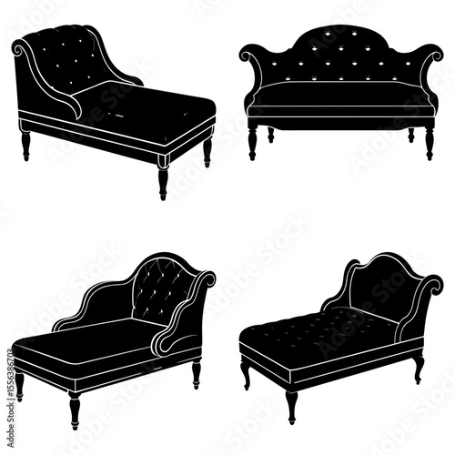 Illustration featuring four elegant black chaise lounges and a small sofa on a white background