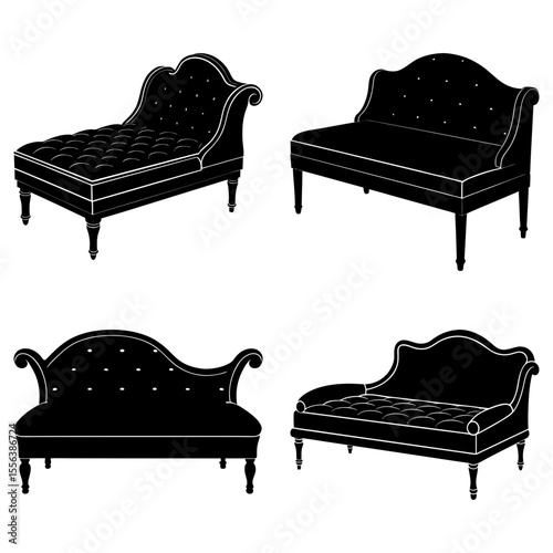 Silhouette illustration of four antique style couches and chaise lounges with detailed tufted upholstery design