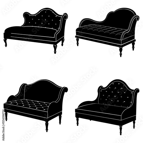 Four black and white silhouette illustrations of vintage style chaise lounge sofas on a white background