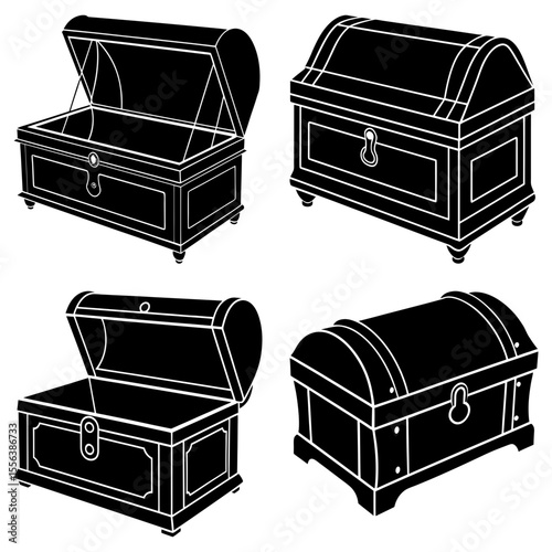 Illustration showcasing four treasure chests in black and white with varying open and closed positions
