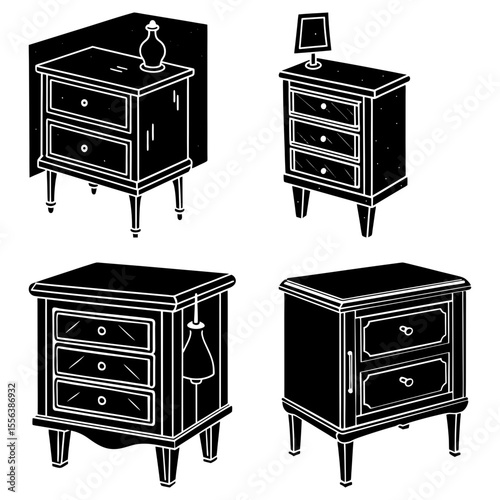 Four black and white illustrations of different nightstands with drawers and varying designs displayed