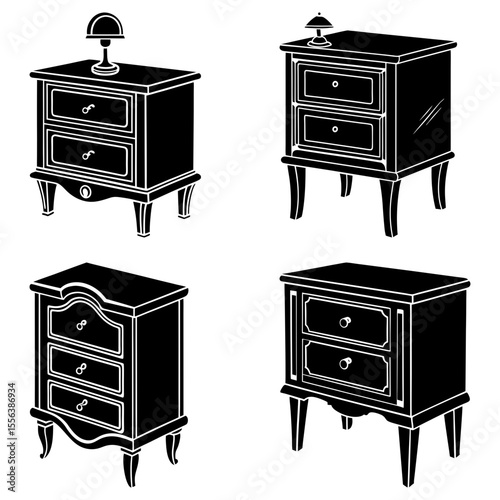 Illustration of four different bedside tables with drawers and lamps in black and white style