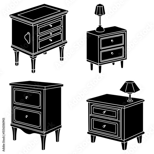 Illustration showing four different styles of bedside tables each with drawers and some with lamps