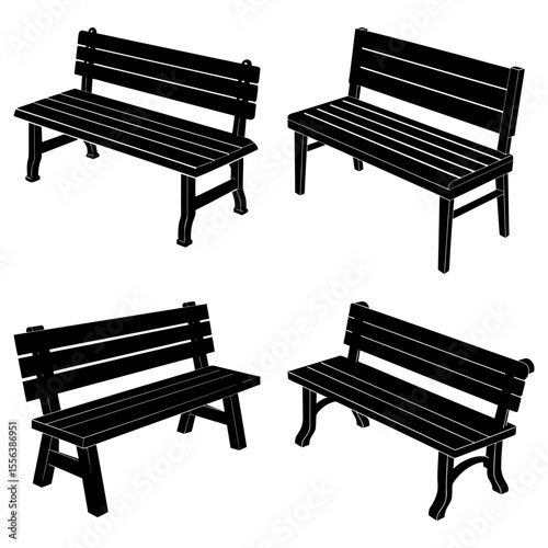 Four different black and white bench illustrations with varying designs and orientations shown in a grid
