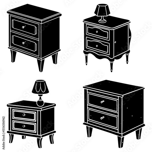 Illustration showing four bedside tables in black and white with varying designs and styles present