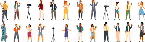Fashion influencer icons set. Diverse group of people creating digital content, using smartphones and professional equipment for online platforms