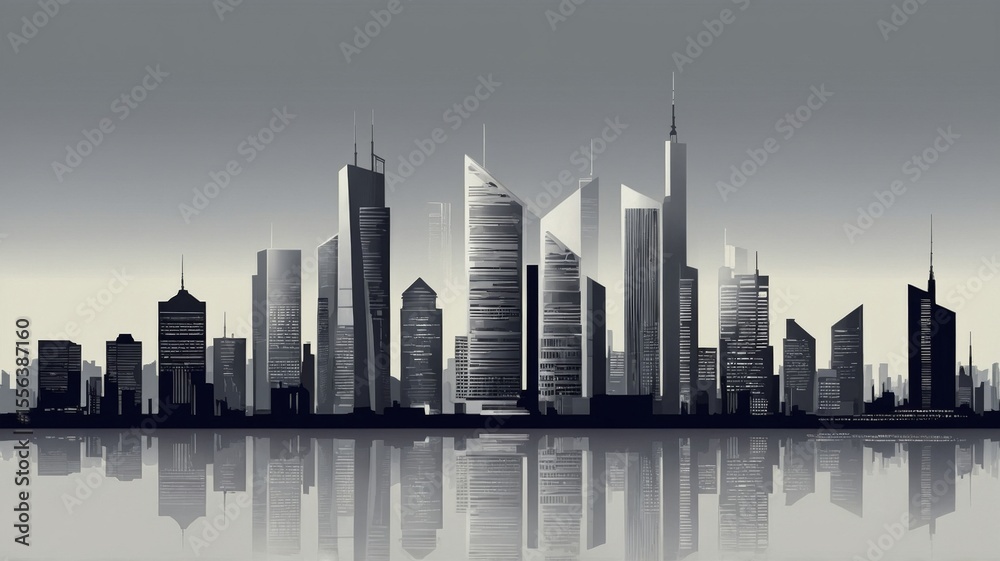 Fototapeta premium Modern Skyline Silhouetted Against a Gray Background, Featuring Various Architectural Styles and Reflections on a Water Surface at Dusk