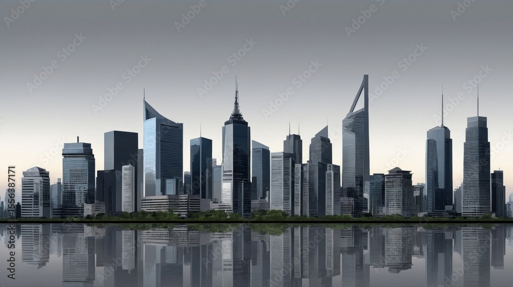 Fototapeta premium Stunning Skyline View of a Modern Cityscape Reflecting on the Water During Twilight Hours