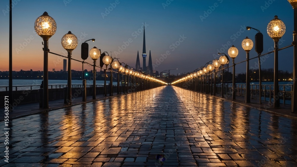 Obraz premium Stunning Nighttime View of Illuminated Walkway Leading to City Skyline in the Distance