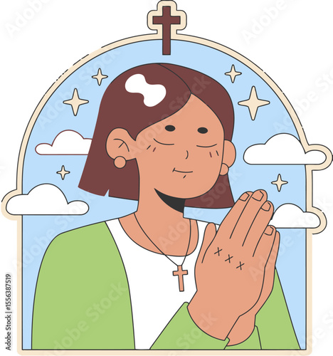 Woman praying faith religion christianity god jesus christ cross believe hope spiritual religious vector art illustration and png 