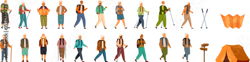 Elderly hiking icons set. Senior hikers enjoying outdoor activities, hiking, camping, and orienteering