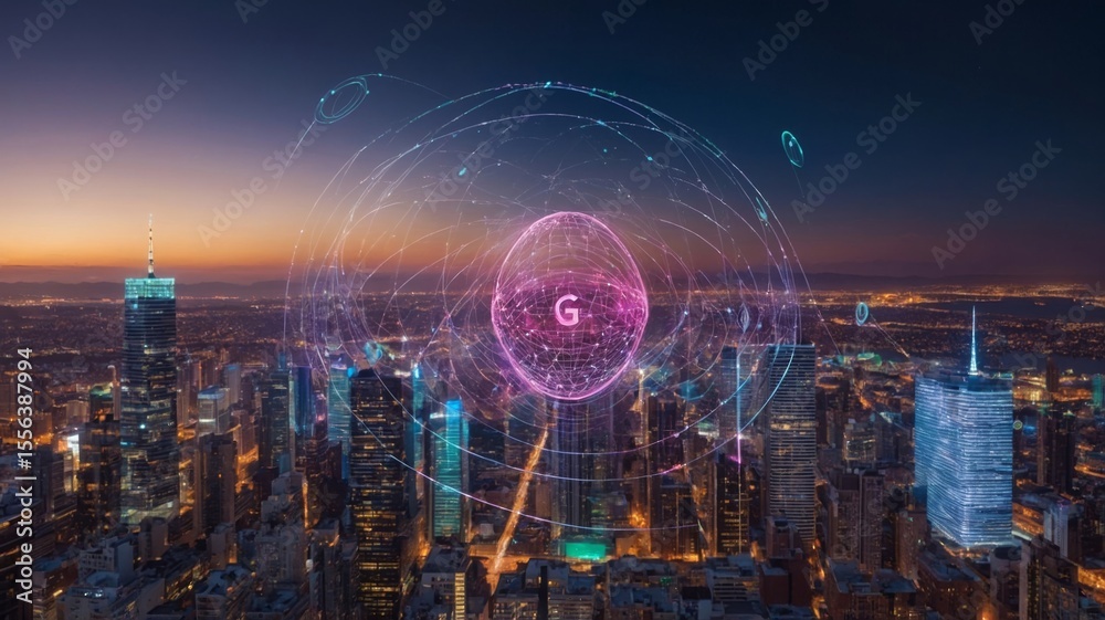 Obraz premium City Skyline at Dusk With Digital Network Representation and Technological Elements Illuminating the Urban Landscape