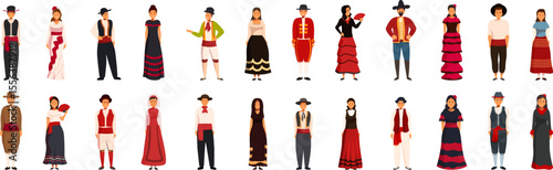 Spain traditional clothing icons set. Large group of spanish men and women wearing traditional clothing, showcasing rich cultural heritage