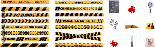 Crime scene tape icons set. Barrier tapes, chalk outline, blood stains, magnifying glass, footprints, bullet casing, evidence marker, knife and fingerprint representing a crime scene investigation
