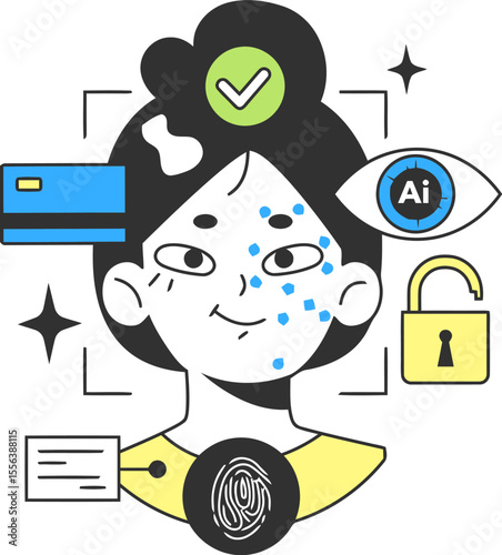 Artificial intelligence ai face recognition security biometric data protection authentication unlock access vector art illustration and png 