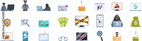 Cybercrime investigation icons set. Icons representing cyber security, online fraud, and cyber crime prevention measures, highlighting digital threats and protective strategies