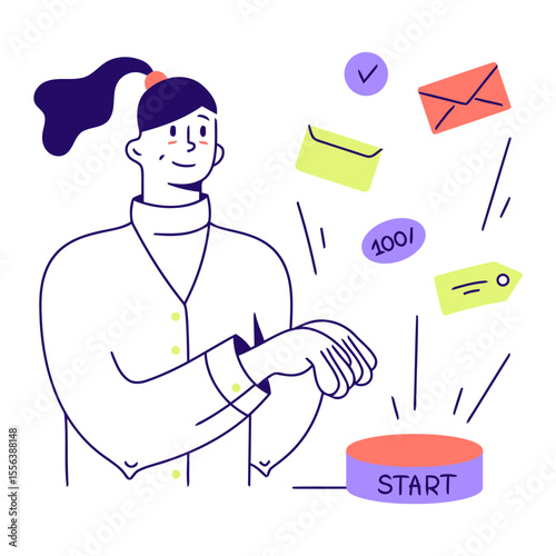 Business start button email message communication workflow process management automation efficiency productivity vector art illustration and png 