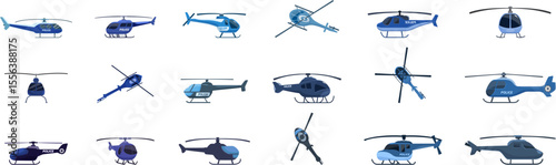 Police helicopter icons set. Set of police helicopters patrolling, rescuing, and serving the community