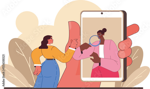 Illustration search analysis woman mobile phone magnifying glass online connection research design vector art illustration and png 