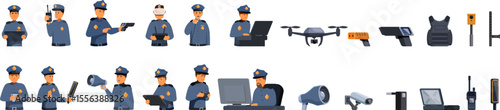Police officer technology icons set. Police officers using various technologies and equipment, ensuring public safety and order