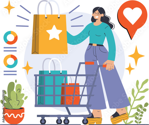 Woman shopping bags shopping cart online shopping retail therapy sale discount store purchase customer happy vector art illustration and png 