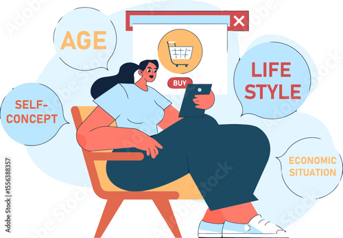 Online shopping lifestyle age concept economic situation self concept woman buying product lifestyle vector art illustration and png 
