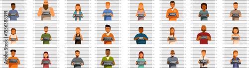 Criminal line up icons set. Group of diverse criminals posing for mugshots with identification boards in a police station