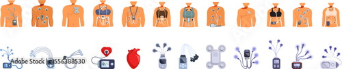Holter monitor icons set. Collection of holter monitor and cardiac event recorder devices used for detecting and recording heart activity