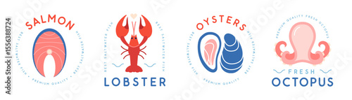 Set of modern seafood logo, label or emblem design with salmon, lobster, oysters and octopus. Vector illustration
