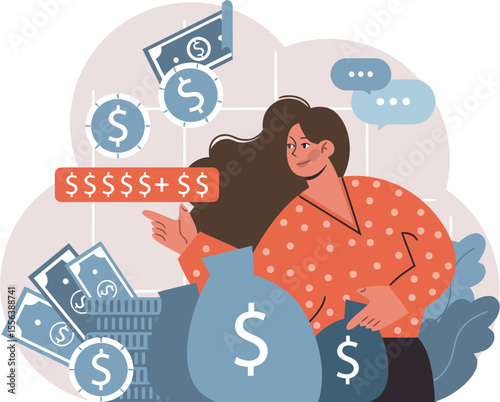 Illustration woman money finance business investment wealth currency income earnings savings growth cash flow vector art illustration and png 