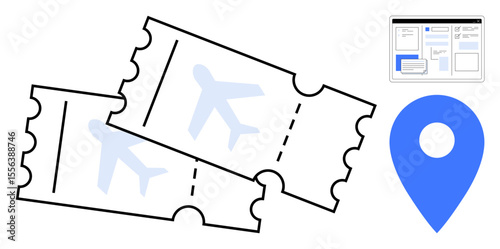 Two airplane tickets, blue map pin symbol, and webpage interface for booking flights. Ideal for travel, tourism, navigation, plans, online booking, trip organization simple flat metaphor