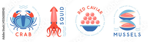 Set of modern seafood logo, label or emblem design with crab, squid, red caviar and mussels. Vector illustration