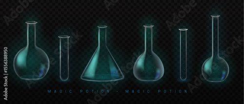 Set of mystery magic empty laboratory flasks or chemistry measuring glass tubes  isolated on black background. Vector illustration