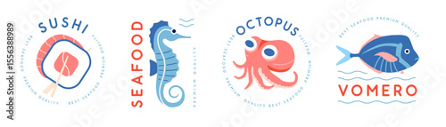 Set of modern seafood logo, label or emblem design with sushi, seahorse, vomero fish and octopus. Vector illustration