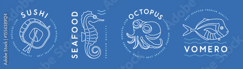 Set of modern line art seafood logo, label or emblem design with sushi, seahorse, vomero fish and octopus. Vector illustration