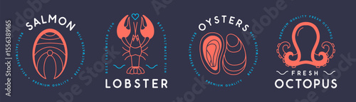 Set of modern seafood logo, label or emblem design with salmon, lobster, oysters and octopus. Vector illustration