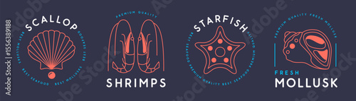 Set of modern seafood logo, label or emblem design with scallop, shrimps, starfish and mollusks. Vector illustration