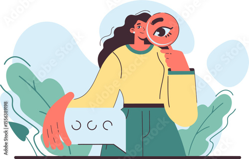 Woman search looking analysis eye magnifying glass find investigation research discovery explore 100 vector art illustration and png 