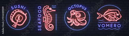 Set of neon seafood signs, logos, labels or emblems with sushi, seahorse, vomero fish and octopus. Vector illustration